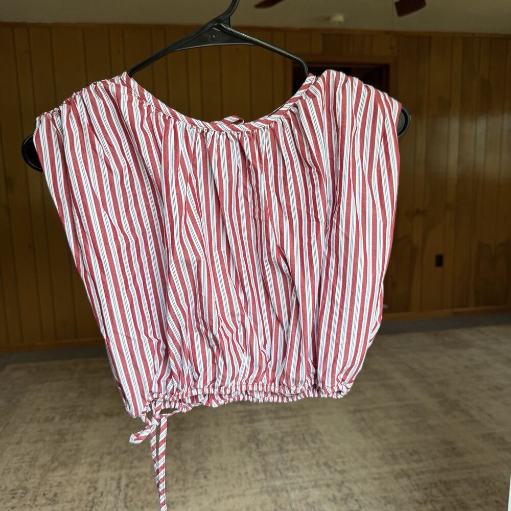 ZARA Striped Poplin Top Red White Blue Striped Sz XS Sleeveless Crop With Tie - Picture 4 of 12